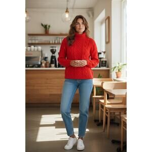 Lands' End Women's Red Cable Knit Turtleneck Sweater Size Small 6-8